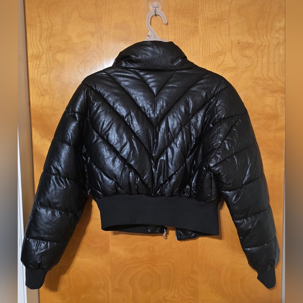 Winter NightS Faux Leather Cropped Black Women's Puffer Jacket Coat Fitted Ski - Picture 11 of 16